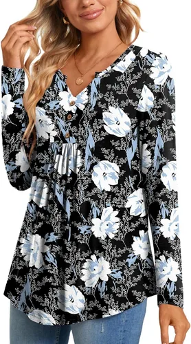 Vista 3 de CATHY Blusa tipo túnica de manga larga para mujer, cuello en V, con botones, informal, plisada, básica
