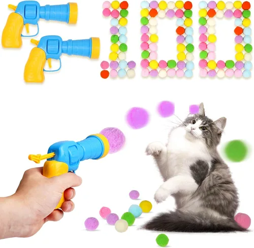 Vista 7 de TEAWOO 50 piezas de juguetes para gatos, bolas de pompones con 1 juego de lanzador, juguete interactivo para gatos para interiores, tanto