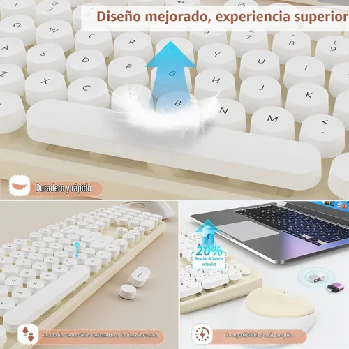 Vista 6 de HotFox Combo de Teclado y Ratón Inalámbrico, Teclado Retro de Máquina de Escribir de Tamaño Completo con Keycaps Redondos, Diseño Ergonómico para PC