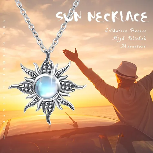 Vista 2 de Sun Necklace S925 Sterling Silver Vintage Moonstone Retro Sunburst Pendant Retro Sunshine Necklaces for Women Girls Boys Men