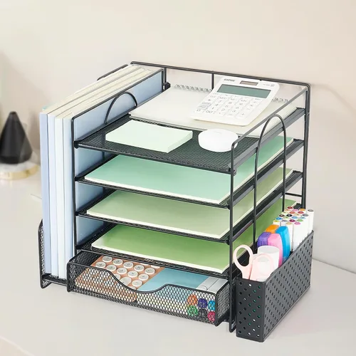 Vista 4 de Organizador de escritorio con cajón y soporte para bolígrafos, organizador de bandeja para cartas de papel de 5 niveles con soporte para archivos