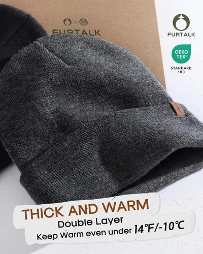 Vista 2 de FURTALK Paquete de 2 gorros con puños para hombre y mujer, gorro de Negro + Gris Oscuro