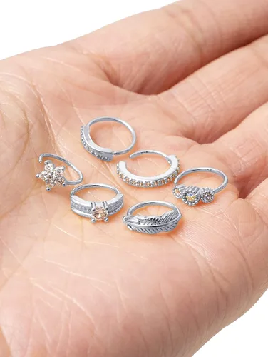 Vista 6 de Akeoqi 12 aros de nariz para cartílago, lindos aretes de hoja, estrella, circonita cúbica, mariposa, pavimentada, joyería para mujeres y hombres