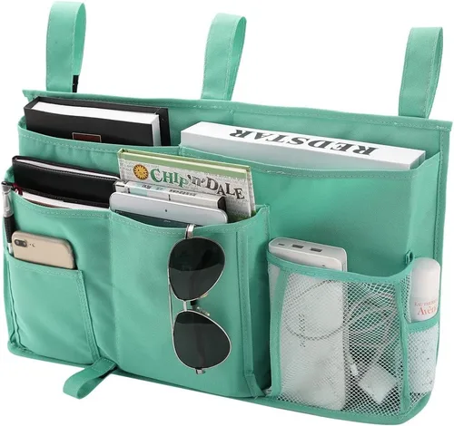 Vista 16 de Bseash Organizador de litera, organizador de cama colgante para mesita de noche, bolsa de almacenamiento con 4 bolsillos y 2 ganchos