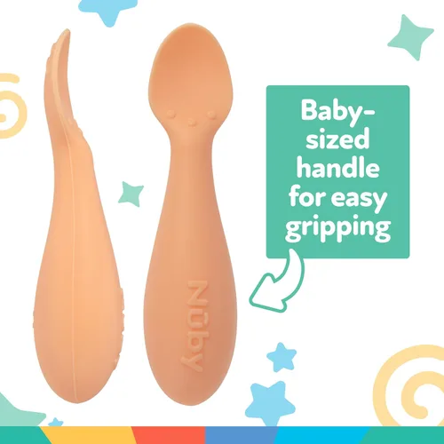 Vista 2 de Nuby Mini cucharas de silicona – (paquete de 2) cucharas de destete para bebés – 4+ meses – naranja