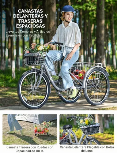 Vista 2 de VIRIBUS 7 Speed Adult Tricycle, Front & Rear Removable Wheeled Baskets, 400 lb Capacity