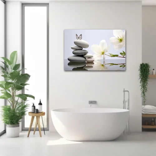 Vista 5 de CXHOSTENT Cuadro zen para decoración de baño, impresiones en lienzo con flores blancas y mariposas sobre piedra, arte de pared para baño, yoga, spa