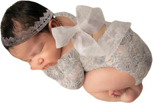 Vista 11 de Traje de fotografía para bebé, traje de encaje para recién nacido, sesión de fotos, diadema de flores, disfraz de princesa