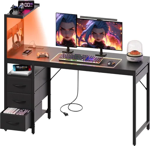 Vista 10 de YOUDENOVA Escritorio para computadora de juegos de 40 pulgadas con luces LED, escritorio pequeño con estantes y cajones de almacenamiento, mesa