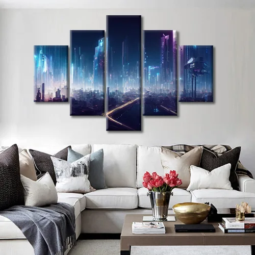 Vista 158 de Cuadros de 5 paneles de Cyberpunk City, arte de pared, representación de vallas publicitarias, edificios modernos en la capital con obras de arte