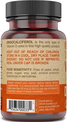 Vista 4 de DEVA Vitamina D2 vegana 60 mcg 2400 UI, suplemento de ergocalciferol sin ingredientes animales, 90 tabletas, 1 paquete