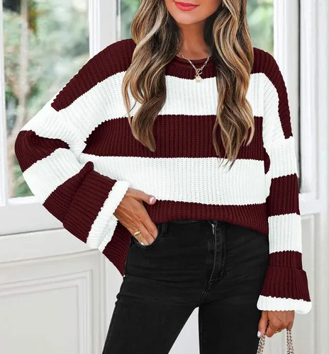 Vista 86 de ZESICA Suéter tejido sin botones de manga larga y cuello redondo, a rayas, bloques de color, cómodo, holgado, talla extragrande para mujer de 2024