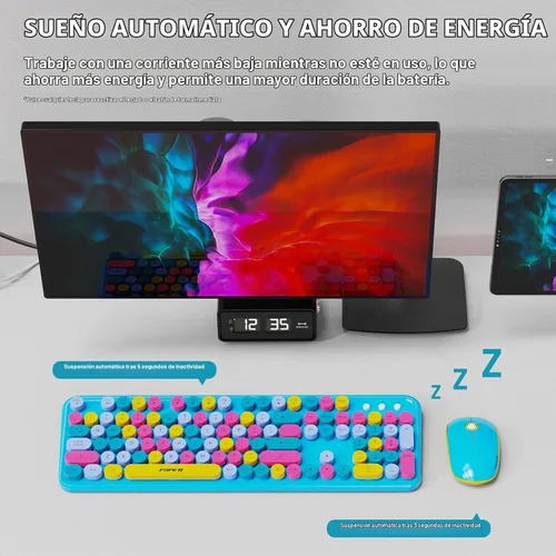 Vista 6 de Combo de teclado y ratón inalámbrico con botón de interruptor - Teclado de máquina de escribir inalámbrico de 2.4GHz Suspensión automática azul
