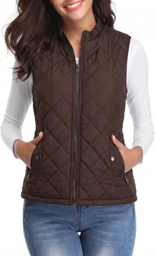 Vista 10 de Fuinloth Women's Quilted Vest Lightweight Puffer Stand Collar Zip Gilet Beige