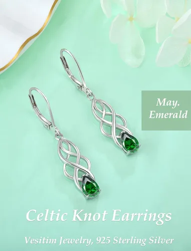 Vista 5 de Celtic Knot Dangle Earrings for Women 925 Sterling Silver Twisted Drop Earring Teardrop Birthstone Jewelry