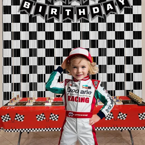 Vista 2 de Decoración de telón de fondo de serpentinas para fiesta de cumpleaños de auto de carreras, 2 piezas de cortina de flecos de papel de aluminio a