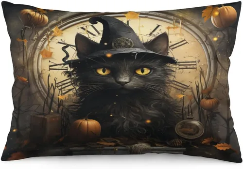 Vista 23 de Funda de almohada con sombrero de bruja con diseño de gato de 20 x 30 pulgadas, diseño de impresión de doble cara con cremallera invisible, Patrón 8