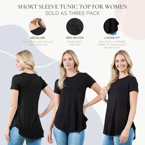 Vista 4 de Azules Blusa larga de manga corta para mujer, con cuello redondo y dobladillo curvado, suave y elástica