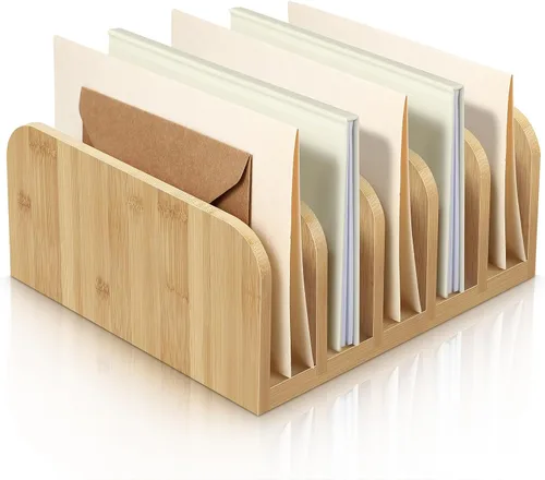 Vista 7 de Lineshading Organizador de cartas de bambú, organizador de correo de escritorio de 5 compartimentos, soporte de sobres de escritorio y clasificador