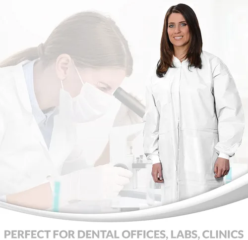 Vista 4 de Medical Nation Paquete de 10 abrigos de laboratorio desechables Abrigo de laboratorio duradero de 1.76 oz SMS hasta la rodilla, reutilizable