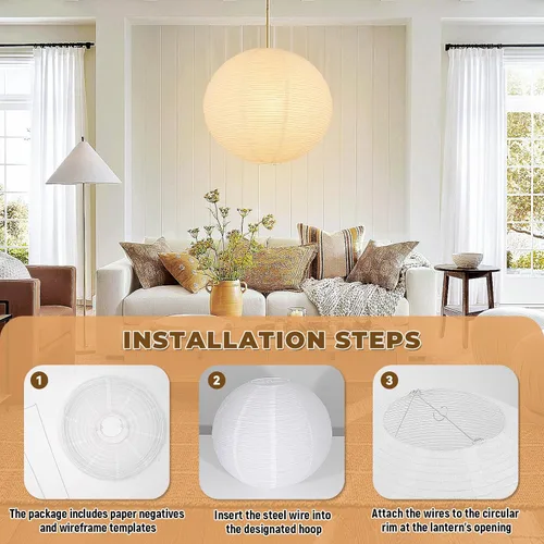 Vista 6 de Juego de 2 pantallas de lámpara de linterna de papel redonda blanca, pantalla de luz colgante de linterna de papel grande de 20"x20", diseño