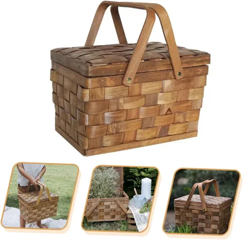 Vista 4 de Cesta de compras de madera, cesta de picnic vintage con tapa, cesta de mimbre de frutas con tapa, cesta de almacenamiento de juguetes, arreglos