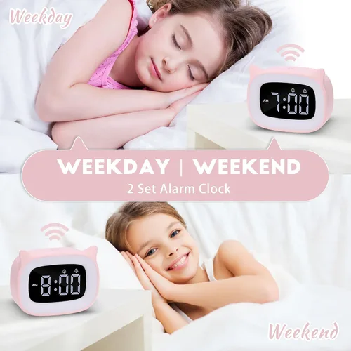 Vista 4 de Reloj despertador de gato rosa con luz nocturna para niños Small Alarm Clock, OK to Wake, Toddlers Clock, Birthday Gift for Boy Girls Children