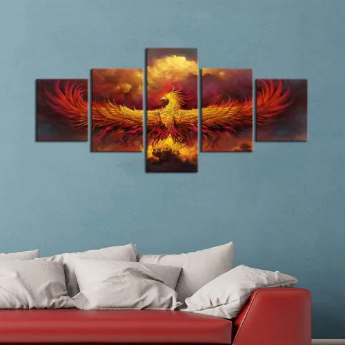 Vista 5 de 5 piezas de pintura sobre lienzo ardiente de fénix dibujado en estilo heráldico fuego fénix arte de pared vintage impresiones obras de arte arte