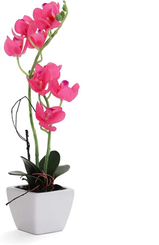 Vista 5 de Planta de orquídea artificial en maceta, decoración realista de orquídea rosa intenso (1)