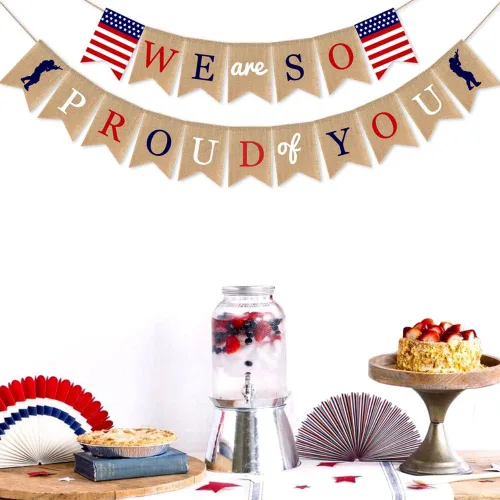Vista 6 de Decoraciones para fiesta del Día de los Veteranos, bandera estadounidense con la frase "We Are so Proud of You", con soldados patrióticos, Día