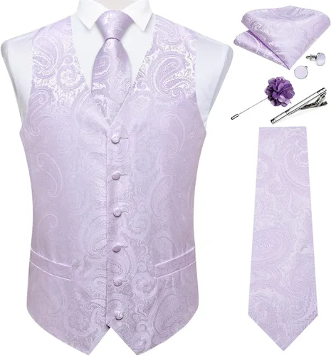 Vista 28 de DiBanGu Juego de chaleco y corbata para hombre, chaleco formal de cachemira y corbata con bolsillo cuadrado y gemelos, de seda, para traje o Verde