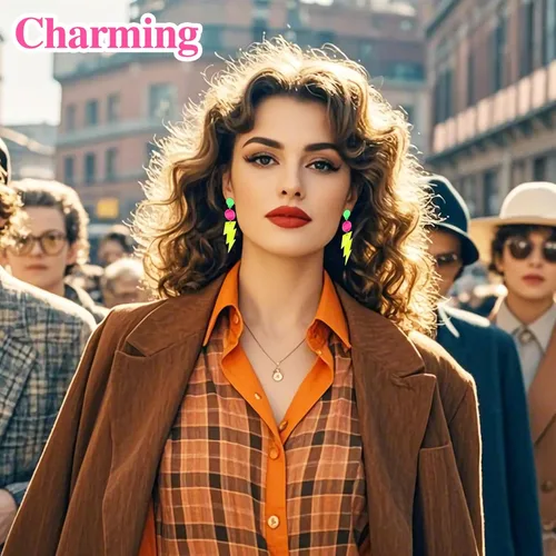 Vista 6 de Atuendos de los años 90 aretes de neón para mujer, aretes colgantes retro con diseño colorido de rayo, accesorios de fiesta para fiestas temáticas
