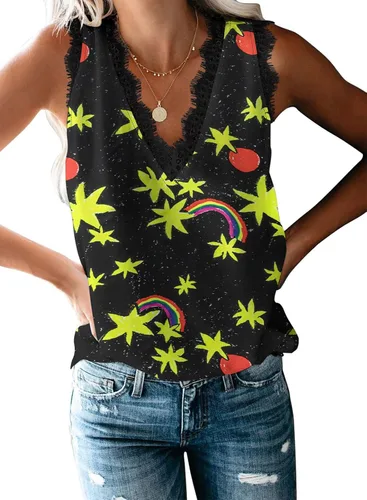 Vista 20 de VIISHOW - Camiseta sin mangas, sexy, con cuello en V y bordes de encaje para mujer, camisola de vestir, camisas de gasa, sin mangas, casuales
