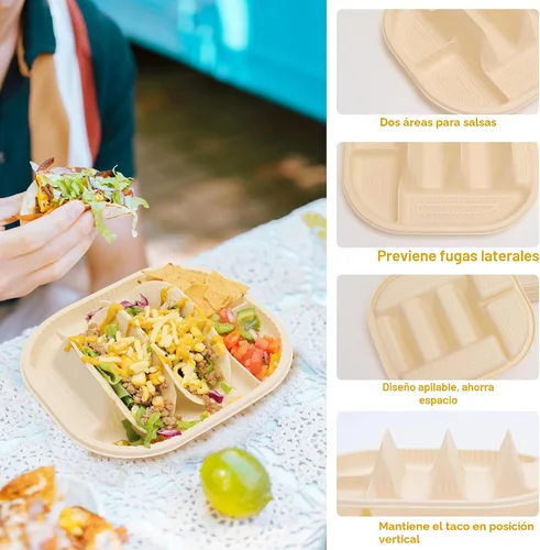 Vista 5 de LUVCOSY Paquete de 100 platos desechables para tacos con lados de inmersión