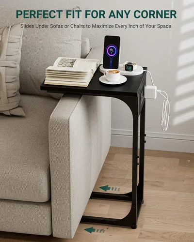 Vista 5 de Mesa auxiliar en forma de C para sofá, soporte de café pequeño, bandeja de sofá con marco de metal, parte superior de madera impermeable resistente