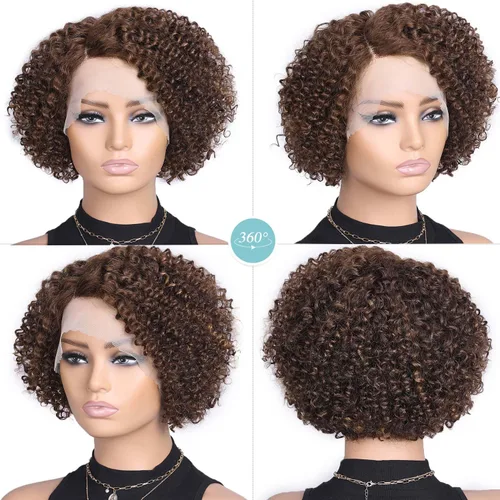Vista 4 de Peluca de cabello humano corto con encaje frontal, rizada, sin pegamento, parte lateral, cabello humano virgen brasileño rizado con abuelitos