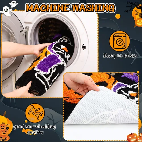 Vista 4 de Breling Juego de 3 piezas de alfombras de baño de Halloween, calabaza, antideslizante, lavable, alfombra de fantasmas, negra y púrpura, cubierta