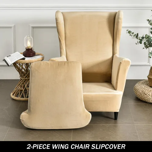 Vista 3 de Fundas elásticas para silla de ala, 2 piezas, fundas elásticas de terciopelo suave con parte inferior elástica para sala de estar y dormitorio Beige