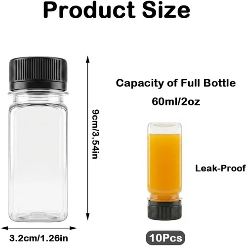 Vista 2 de 6 botellas pequeñas de plástico de 2 onzas con tapas, recipientes reutilizables transparentes a granel para bebidas a granel a prueba de fugas