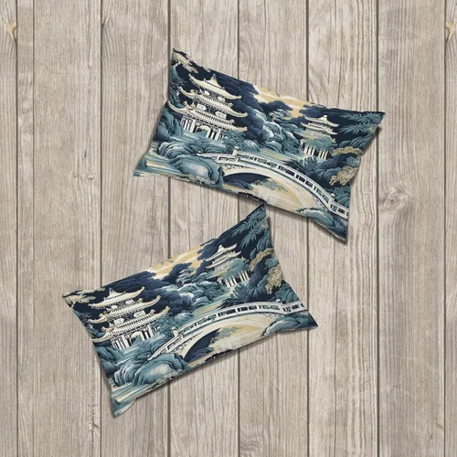 Vista 6 de Chinoiserie - Fundas de almohada decorativas de porcelana azul y blanca con patrón de edificios de estilo chino de 12 x 20 pulgadas, fundas de cojín