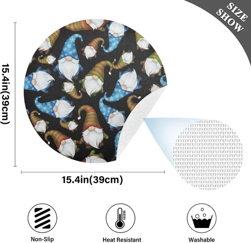 Vista 4 de Whimsical Christmas Gnomes Black PVC Placemat, Non Slip Dining Table Heat Protector Mats for Kitchen one sizex4