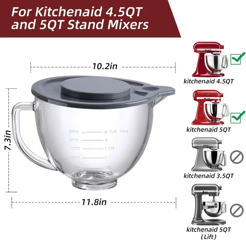 Vista 6 de Gdrtwwh KitchenAid - Cuenco de vidrio para batidora de pie inclinable de 4.5 a 5 cuartos de galón, repuesto con mezclador artesanal KitchenAid