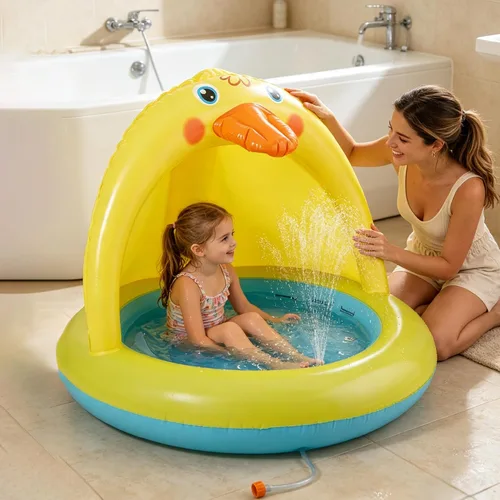Vista 2 de Piscina para bebés con sombra, juego de piscina Sprinkle and Splash, bañera de pato al aire libre de 39 pulgadas