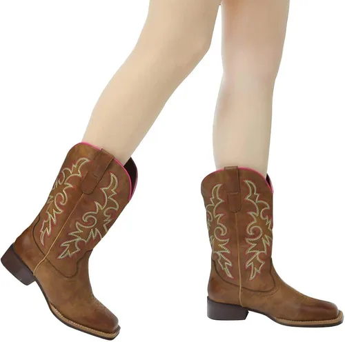 Vista 7 de J's.o.l.e Botas vaqueras de moda para mujer, punta cuadrada, anchas, media pantorrilla, vaqueras occidentales