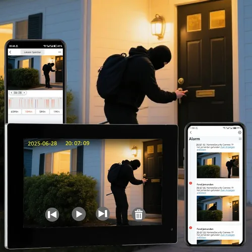 Vista 3 de Timbre de video de 1080p con sistema de monitor, portero de video WiFi 1080FHD cámara de metal, 7 pulgadas dos monitores con tarjeta de 32 GB
