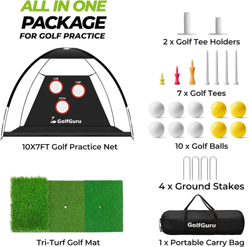 Vista 9 de Golfguru Red de práctica de golf todo en 1: 10 x 7 pies con objetivo de astillado profesional, tapete de triple césped, 10 bolas, 7 camisetas, 2