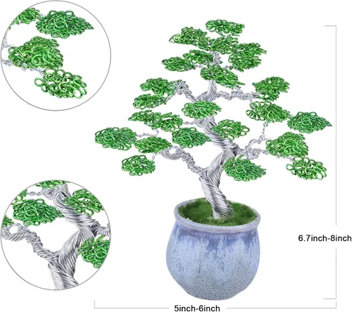 Vista 3 de rockcloud Escultura de árbol de dinero de alambre de aluminio con base de cerámica, bonsái de Feng Shui, decoración de oficina en casa para suerte