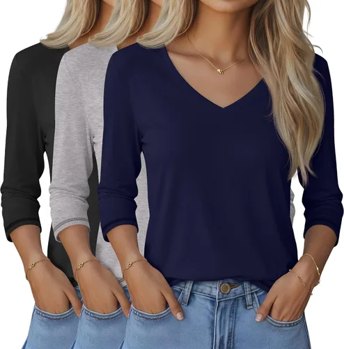 Vista 15 de Ficerd Paquete de 3 camisetas de manga 3/4 para mujer, cuello en V, blusas holgadas, blusas casuales, ropa de moda 2026