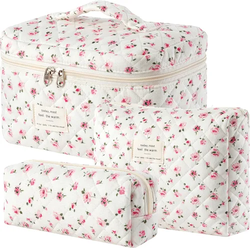 Vista 53 de HBselect Bolsa de Maquillaje Acolchada, 3 Piezas de Gran Bolsa de Maquillaje de Viaje de Algodón, Linda Bolsa de Maquillaje Floral Coquette, Bolsa