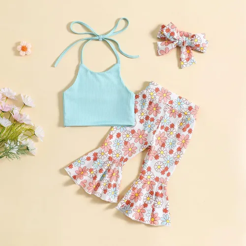 Vista 2 de TBUIALL Ropa para niñas pequeñas, camiseta sin mangas, camiseta sin mangas, estampado floral, pantalones acampanados, traje de bebé niña 3-6